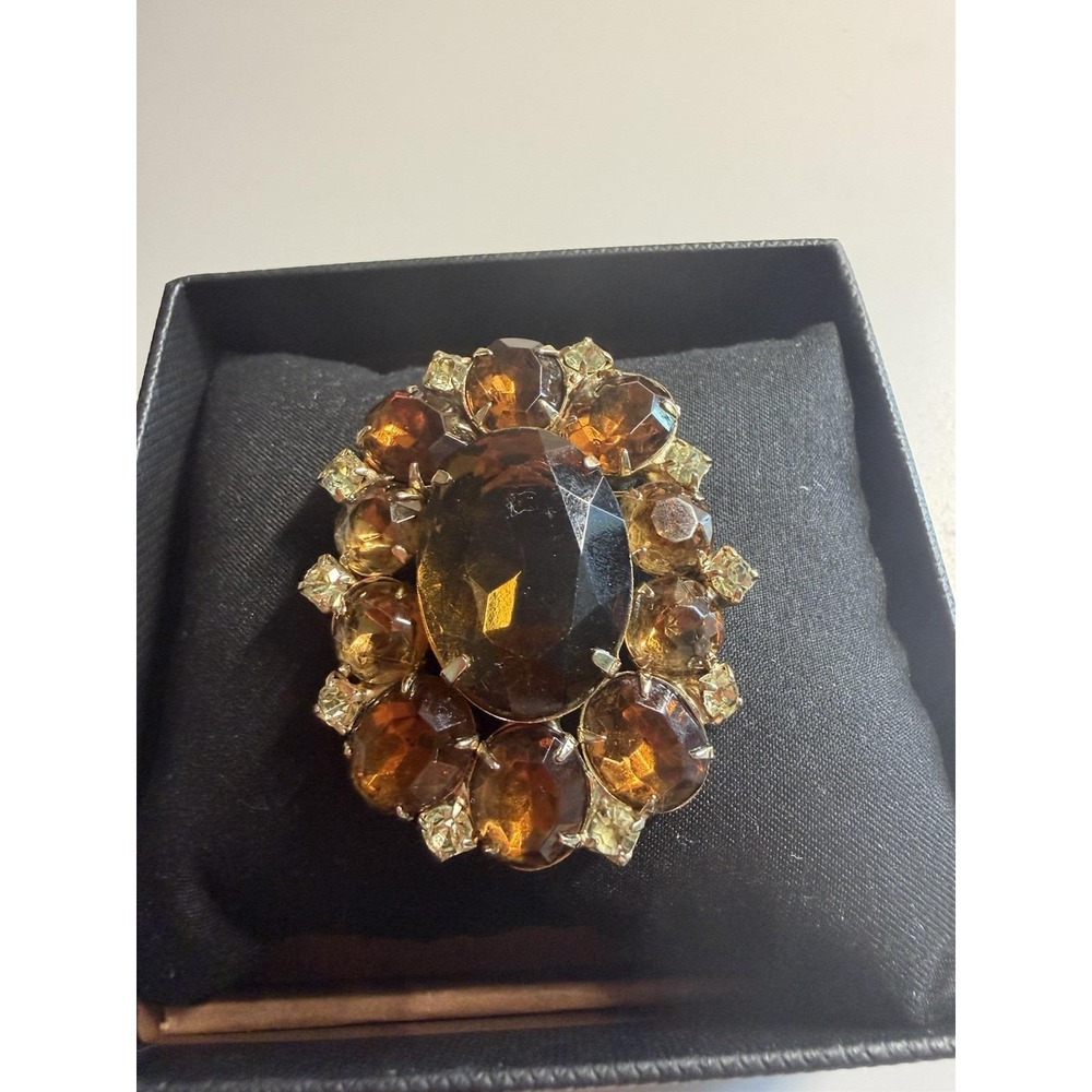 Vintage Amber Color Rhinestone Brooch Gold Tone Statement Pin Oval Glass Stone